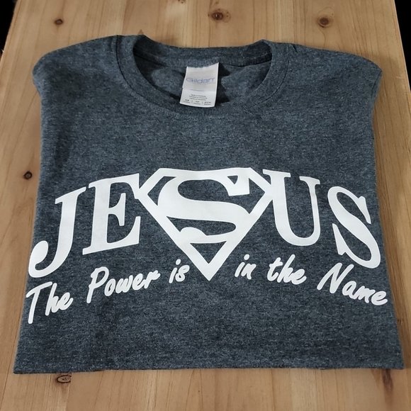 Gildan Tops - Superman Jesus, Power in the name gray Blue t shirt